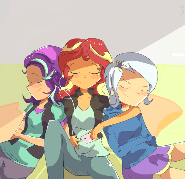 Size: 2580x2500 | Tagged: safe, artist:noahther, derpibooru import, starlight glimmer, sunset shimmer, trixie, equestria girls, beanie, breasts, cleavage, clothes, counterparts, earbuds, eyes closed, female, hat, hoodie, humanized, jacket, lesbian, mp3 player, polyamory, relaxing, shimmerglimmer, shipping, shirt, skirt, startrix, startrixset, suntrix, sweater, trio, twilight's counterparts