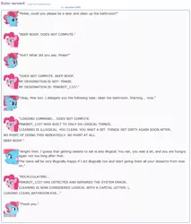 Size: 872x1023 | Tagged: artist:dziadek1990, blackmail, cleaning, conversation, cup cake, derpibooru import, dessert, dialogue, emotes, emote story, lazy, pinkie pie, reddit, robot, safe, slice of life, text