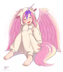 Size: 2165x2486 | Tagged: alicorn, alicorn oc, artist:spiz1206, blushing, clothes, costume, cute, derpibooru import, feet, female, horned humanization, human, humanized, humanized oc, kigurumi, oc, ocbetes, oc:princess iris, safe, solo, tailed humanization, unofficial characters only, winged humanization, wings