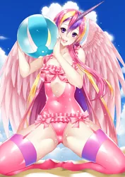 Size: 2480x3507 | Tagged: alicorn, alicorn oc, artist:un4lord, beach, beach ball, breasts, clothes, derpibooru import, female, human, humanized, humanized oc, oc, oc:princess iris, solo, solo female, suggestive, swimsuit, unofficial characters only