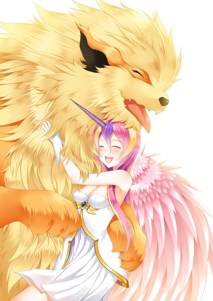 Size: 2480x3507 | Tagged: alicorn, alicorn oc, arcanine, artist:un4lord, blushing, breasts, cleavage, clothes, crossover, cute, derpibooru import, dress, female, hug, human, humanized, oc, oc:princess iris, pokémon, safe