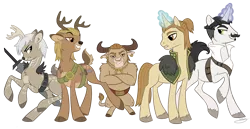 Size: 1530x791 | Tagged: safe, artist:vanycat, derpibooru import, ponified, deer, minotaur, pony, unicorn, anders, clothes, cloven hooves, crossed arms, crossover, dagger, dorian pavus, dragon age, dragon age 2, dragon age: inquisition, ear piercing, earring, facial hair, fenris, jewelry, magic, magic aura, male, moustache, necklace, nose piercing, nose ring, piercing, simple background, stag, stallion, sword, transparent background, varric tethras, weapon, zevran arainai