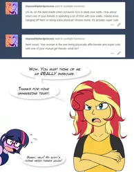 Size: 700x900 | Tagged: safe, artist:jase1505, deleted from derpibooru, derpibooru import, sci-twi, sunset shimmer, twilight sparkle, series:sunlight horizons, equestria girls, angry, dusk shine, duskglare, embarrassed, gay, looking at you, male, rule 63, scitwishimmer, shipping, sunset glare, sunsetsparkle, tumblr