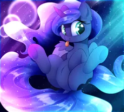 Size: 2400x2160 | Tagged: safe, artist:madacon, derpibooru import, princess luna, alicorn, pony, belly button, color porn, cute, ethereal mane, featureless crotch, female, filly, lunabetes, mare, silly, silly pony, smiling, solo, starry mane, tongue out, underhoof, woona, younger