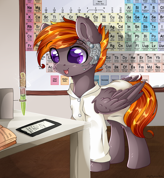 Size: 1024x1109 | Tagged: safe, artist:mitralexa, derpibooru import, oc, unofficial characters only, pegasus, pony, clipboard, clothes, female, indoors, lab coat, mare, periodic table, smiling, solo, test tube