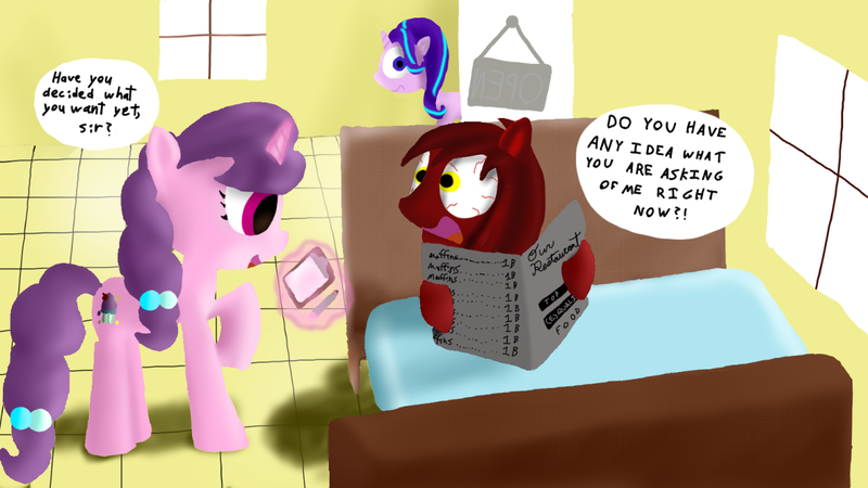 Size: 1220x686 | Tagged: safe, artist:arterialblack716, derpibooru import, starlight glimmer, sugar belle, oc, oc:justice armor, pegasus, pony, unicorn, atg 2016, bloodshot eyes, booth, clipboard, dialogue, door, female, funny, humor, magic, male, mare, menu, newbie artist training grounds, raised hoof, restaurant, sitting, smiling, stallion, standing, surprised