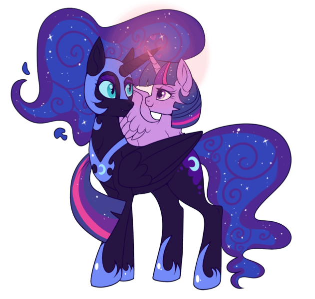 Size: 800x761 | Tagged: safe, artist:lulubell, derpibooru import, nightmare moon, twilight sparkle, twilight sparkle (alicorn), alicorn, pony, female, heart, horns are touching, lesbian, magic glow, mare, shipping, twiluna, twimoon