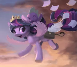 Size: 823x722 | Tagged: safe, artist:bakuel, derpibooru import, spike, twilight sparkle, twilight sparkle (alicorn), alicorn, dragon, pony, baby, baby dragon, crown, cute, dragons riding ponies, female, flying, jewelry, male, mare, open mouth, paper, regalia, riding, saddle bag, sky, smiling, spikabetes, twiabetes, wings
