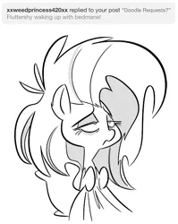 Size: 540x680 | Tagged: artist:fluttershythekind, ask, bed mane, blanket, bust, derpibooru import, dishevelled, fluttershy, lidded eyes, monochrome, morning ponies, pillow, safe, simple background, sketch, sleepy, solo, tumblr, white background