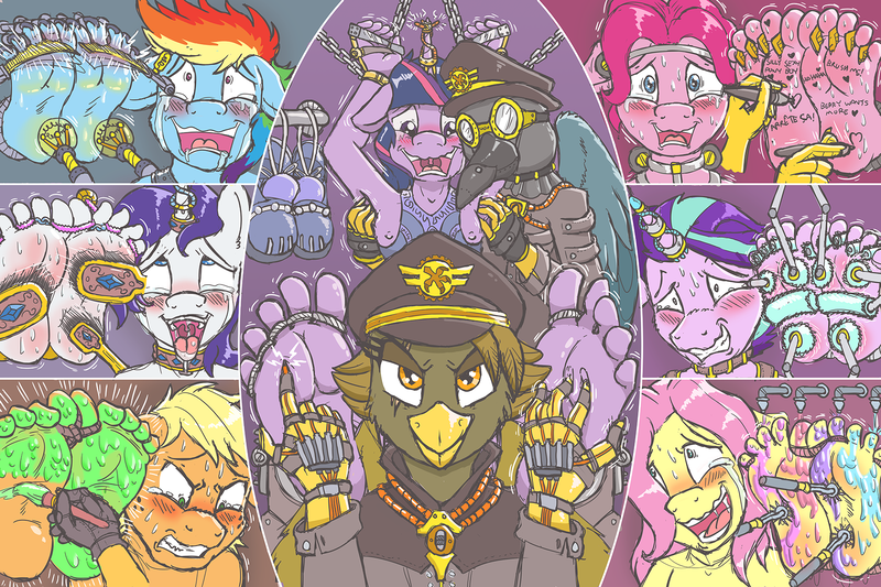 Size: 1800x1200 | Tagged: questionable, semi-grimdark, artist:caroo, derpibooru import, applejack, fluttershy, pinkie pie, rainbow dash, rarity, starlight glimmer, twilight sparkle, oc, anthro, gryphon, plantigrade anthro, applejack (male), armpits, body writing, bondage, bubble berry, butterscotch, captivity, clopfic linked in description, crying, drool, dusk shine, elusive, fascism, feet, fetish, floppy ears, foot fetish, implied fascism, implied racism, laughing, male, male feet, malesub, mane six, man six, mind break, racism, rainbow blitz, rule 63, soles, stellar gleam, submissive, tears of laughter, tickle fetish, tickle torture, tickling, toes, toe tied, twisub