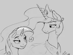 Size: 1200x900 | Tagged: safe, artist:amarynceus, deleted from derpibooru, derpibooru import, princess celestia, rarity, alicorn, pony, unicorn, bedroom eyes, duo, female, grayscale, lesbian, looking at each other, mare, monochrome, rarilestia, shipping