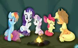 Size: 2000x1250 | Tagged: apple bloom, applejack, artist:liniitadash23, campfire tales, cave, cutie mark crusaders, derpibooru import, fire, rainbow dash, rarity, safe, scene interpretation, scootaloo, sweetie belle