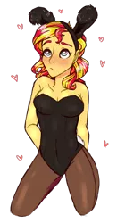 Size: 1024x1961 | Tagged: suggestive, artist:loladotz, derpibooru import, sunset shimmer, equestria girls, breasts, bunny suit, clothes, female, kneeling, leotard, simple background, solo, solo female, transparent background