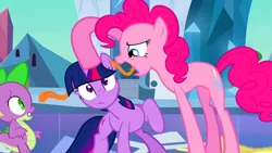 Size: 1280x720 | Tagged: safe, derpibooru import, edit, edited screencap, editor:ah96, screencap, pinkie pie, spike, twilight sparkle, dragon, earth pony, pony, unicorn, the crystal empire, ear licking, ear penetration, female, literal mindfuck, long tongue, male, mare, tongue out, wat, wet willy