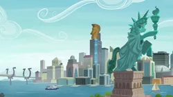 Size: 1280x720 | Tagged: safe, derpibooru import, screencap, parasol, pegasus, pony, the gift of the maud pie, architecture, background pony, bridge, building, city, cityscape, crystaller building, female, flying, friendship express, friendship island, manehattan, manhattan, mare, new york, pier, sailboat, scenery, ship, skyline, stadium, statue of friendship, statue of liberty, train, we are going to hell
