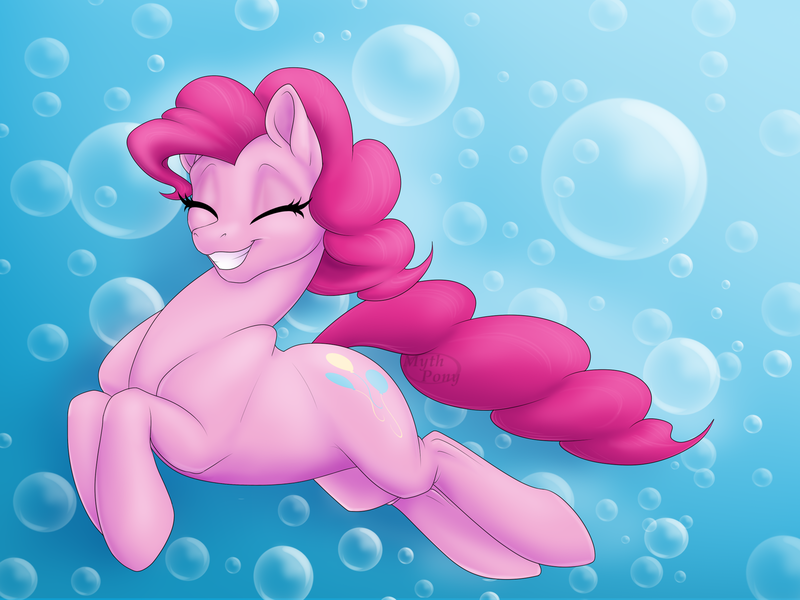 Size: 1600x1200 | Tagged: safe, artist:mythpony, derpibooru import, pinkie pie, pony, bubble, eyes closed, happy, solo