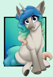 Size: 1149x1665 | Tagged: safe, artist:mythpony, derpibooru import, oc, oc:clear, unofficial characters only, pony, unicorn, cute, dappled, ear fluff, female, freckles, grin, head tilt, hoof fluff, looking at you, mare, ocbetes, simple background, sitting, smiling, solo, underhoof, unshorn fetlocks, white background