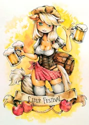 Size: 1702x2392 | Tagged: alcohol, anthro, apple, applejack, artist:claire lixi, barrel, beer, breasts, cider, cleavage, clothes, corset, cowboy hat, derpibooru import, female, food, hat, oktoberfest, pixiv, rope, socks, solo, suggestive, thigh highs