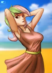 Size: 1527x2160 | Tagged: arm behind head, armpits, artist:greenfireartist, beach, clothes, cloud, cloudy, derpibooru import, dress, human, humanized, humanized oc, oc, oc:green blaze, open mouth, safe, sky, unofficial characters only
