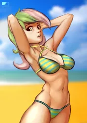 Size: 1527x2160 | Tagged: abs, armpits, artist:greenfireartist, beach, belly button, bikini, breasts, clothes, derpibooru import, female, human, humanized, humanized oc, oc, oc:green blaze, solo, solo female, suggestive, swimsuit, unofficial characters only, wardrobe malfunction