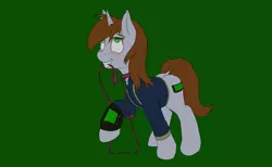 Size: 6000x3700 | Tagged: safe, artist:kpvt, derpibooru import, oc, oc:littlepip, unofficial characters only, pony, unicorn, fallout equestria, fanfic, blushing, clothes, collar, eyes rolling back, fanfic art, female, leash, mare, mouth hold, pet play, pipbuck, simple background, solo, vault suit, wip