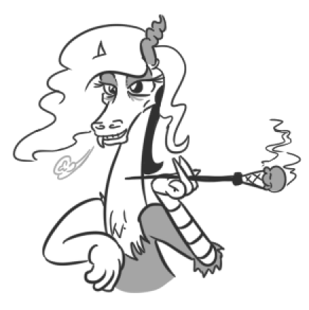 Size: 438x439 | Tagged: artist:jargon scott, black and white, derpibooru import, discord, draconequus, eris, food, grayscale, ice cream, monochrome, rule 63, safe, smoking, solo