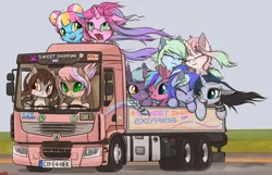 Size: 2800x1800 | Tagged: artist:orang111, cute, deformed, derpibooru import, driving, oc, oc:amaranthine sky, oc:blackwork, oc:coconut milk, oc:coma comet, oc:raspberry sherbet, oc:reverie, oc:sonar, oc:sugar lace, oc:sweet skies, oc:swirly shells, renault, running, safe, shipping, truck, unofficial characters only, vehicle, windswept mane