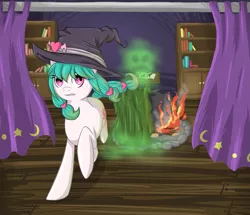 Size: 2309x1983 | Tagged: safe, artist:violentdreamsofmine, derpibooru import, oc, oc:sugar spell, unofficial characters only, earth pony, pony, book, cauldron, curtain, female, fire, hat, mare, running, solo, witch hat