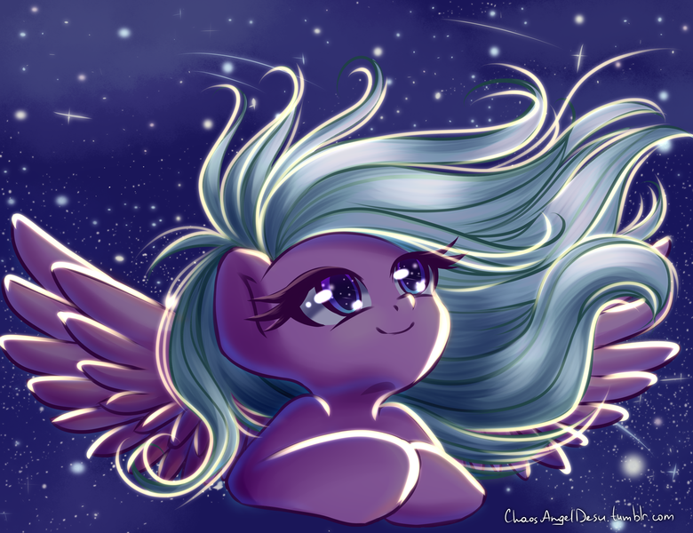 Size: 2600x2000 | Tagged: safe, artist:chaosangeldesu, derpibooru import, oc, oc:lilac wind, unofficial characters only, pegasus, pony, female, mare, smiling, solo, space, spread wings, wings, ych result