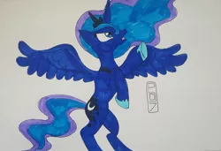 Size: 1024x699 | Tagged: safe, artist:malevolentsamson, artist:psygcosis507, derpibooru import, princess luna, alicorn, pony, rearing, solo, traditional art