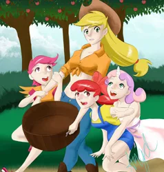 Size: 1920x2015 | Tagged: artist needed, source needed, safe, derpibooru import, apple bloom, applejack, scootaloo, sweetie belle, human, apple tree, basket, belly button, clothes, cowboy hat, cute, cutie mark crusaders, dress, front knot midriff, hat, horn, humanized, midriff, overalls, tree, white dress
