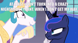 Size: 922x518 | Tagged: safe, derpibooru import, edit, edited screencap, screencap, princess celestia, princess luna, alicorn, pony, a royal problem, animated, gif, image macro, luna is not amused, meme, mocking, this will end in pain, this will end in tears, unamused