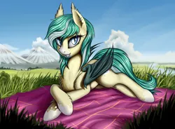 Size: 3342x2454 | Tagged: safe, artist:pony-way, derpibooru import, oc, oc:icy breeze, unofficial characters only, bat pony, bat pony oc, crossed hooves, female, grass, grin, looking at you, mountain, picnic blanket, prone, smiling, solo