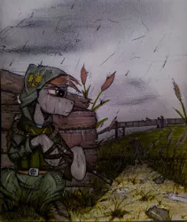 Size: 911x1080 | Tagged: semi-grimdark, artist:incrediblepanzer, derpibooru import, oc, unofficial characters only, earth pony, pony, bloodsucker, clothes, gun, rain, s.t.a.l.k.e.r., solo, weapon