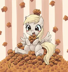 Size: 1000x1055 | Tagged: safe, artist:yanamosuda, derpibooru import, derpy hooves, pony, cute, derpabetes, female, food, hnnng, mare, muffin, open mouth, smiling, solo, that pony sure does love muffins, weapons-grade cute