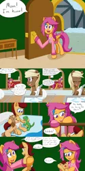 Size: 2000x4000 | Tagged: safe, artist:jake heritagu, derpibooru import, scootaloo, oc, oc:lightning blitz, oc:sandy hooves, big cat, dinosaur, earth pony, lion, pegasus, pony, comic:ask motherly scootaloo, baby, baby pony, blanket, colt, comic, crib, dialogue, dishes, dishwashing, female, hairpin, holding a pony, male, mother and son, motherly scootaloo, offspring, older, older scootaloo, parent:rain catcher, parent:scootaloo, parents:catcherloo, pillow, plate, plushie, sink, snow, speech bubble, sweatshirt, toy