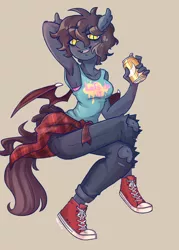 Size: 950x1324 | Tagged: safe, artist:trgreta, derpibooru import, oc, oc:ventress, unofficial characters only, anthro, bat pony, plantigrade anthro, armpits, clothes, converse, full body, jeans, pants, ripped jeans, ripped pants, shoes, solo