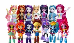Size: 1600x929 | Tagged: safe, derpibooru import, screencap, applejack, fluttershy, pinkie pie, rainbow dash, rarity, sci-twi, sunset shimmer, twilight sparkle, equestria girls, boots, clothes, comparison, doll, dress, equestria girls minis, glasses, hascon, hat, irl, jacket, photo, shoes, skirt, toy