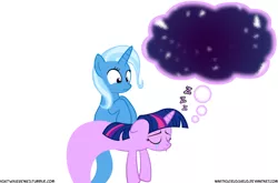 Size: 1024x676 | Tagged: safe, artist:navitaserussirus, derpibooru import, trixie, twilight sparkle, genie, pony, unicorn, asktwixiegenies, cropped, crying, dream, eyes closed, female, lesbian, mare, nightmare, sad, shipping, simple background, sleeping, species swap, teary eyes, twixie, white background, zzz