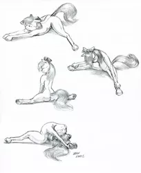 Size: 1100x1346 | Tagged: safe, artist:baron engel, derpibooru import, apple bloom, earth pony, pony, armpits, backbend, bow, eyes closed, flexible, grayscale, hair bow, monochrome, simple background, sketch, smiling, solo, splits, stretching, traditional art