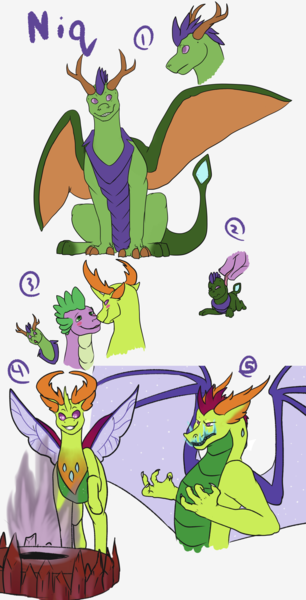 Size: 1276x2500 | Tagged: artist:sammythemutt, blushing, ceremonial dragon fire flame of friendship, changedling, changeling, derpibooru import, dragon, dragonified, gay, hybrid, interspecies offspring, king thorax, magical gay spawn, male, oc, oc:niq, offspring, older, older spike, parent:spike, parents:thoraxspike, parent:thorax, safe, shipping, simple background, species swap, spike, thorax, thoraxspike, transformation, triple threat