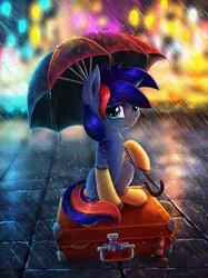 Size: 2989x4000 | Tagged: safe, artist:atlas-66, derpibooru import, oc, oc:ryo, unofficial characters only, pony, unicorn, city, female, looking at you, mare, rain boots, smiling, solo, suitcase, umbrella