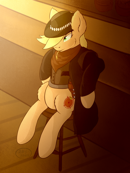 Size: 1200x1600 | Tagged: safe, artist:ray-frost, derpibooru import, applejack, earth pony, pony, alternate cutie mark, chair, clothes, cowboy hat, gun, hat, neckerchief, photo, solo, weapon, western