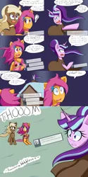 Size: 2000x4000 | Tagged: safe, artist:jake heritagu, derpibooru import, scootaloo, starlight glimmer, oc, oc:lightning blitz, oc:sandy hooves, earth pony, pegasus, pony, comic:ask motherly scootaloo, ask, baby, baby pony, cloak, clothes, colt, comic, dialogue, doctor who, female, hairpin, holding a pony, male, mother and son, motherly scootaloo, offspring, older, older scootaloo, parent:rain catcher, parent:scootaloo, parents:catcherloo, snow, speech bubble, sweatshirt, tardis, tumblr
