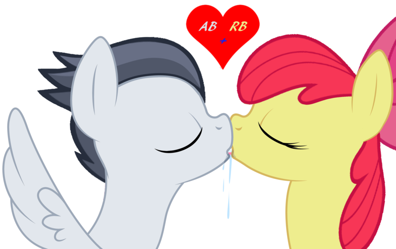 Size: 8192x5157 | Tagged: safe, artist:nejcrozi, derpibooru import, apple bloom, rumble, earth pony, pegasus, pony, absurd resolution, colt, eyes closed, female, filly, kissing, love, male, rumbloom, shipping, simple background, sloppy kissing, straight, white background, wings