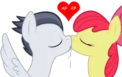 Size: 8192x5157 | Tagged: safe, artist:nejcrozi, derpibooru import, apple bloom, rumble, earth pony, pegasus, pony, absurd resolution, colt, eyes closed, female, filly, kissing, love, male, rumbloom, shipping, simple background, sloppy kissing, straight, white background, wings