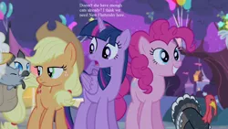 Size: 1280x720 | Tagged: safe, derpibooru import, edit, edited screencap, screencap, applejack, goldie delicious, pinkie pie, twilight sparkle, twilight sparkle (alicorn), alicorn, bird, earth pony, pony, turkey, filli vanilli, animal, balloon, female, goldie delicious' cats, mare, pet center fundraiser, text