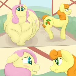 Size: 3500x3500 | Tagged: safe, artist:lupin quill, derpibooru import, carrot top, fluttershy, golden harvest, pony, belly, big belly, blushing, bumping, carrot top is not amused, chubby cheeks, embarrassed, fat, fattershy, morbidly obese, obese, ponyville, rolls of fat, unamused