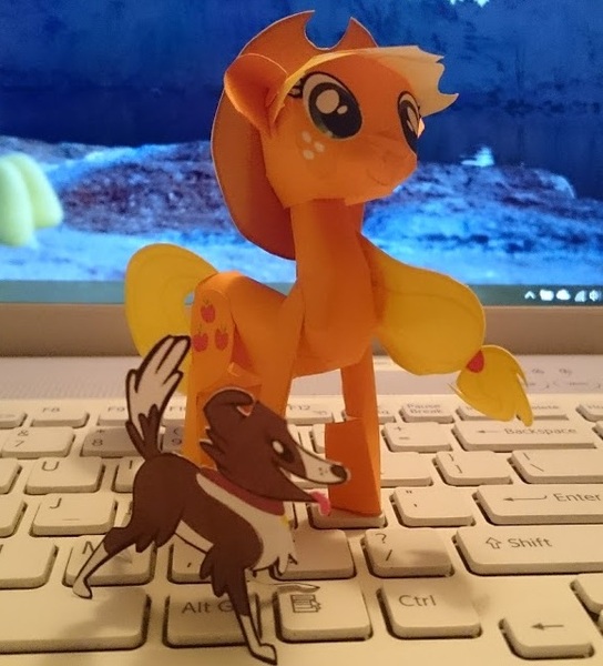 Size: 580x640 | Tagged: safe, artist:kna, artist:ninjaspirit7, derpibooru import, applejack, winona, dog, earth pony, pony, computer, craft, duo, irl, laptop computer, papercraft, photo