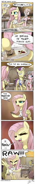 Size: 1050x5440 | Tagged: safe, artist:fidzfox, derpibooru import, dandy grandeur, fluttershy, wrangler, oc, pony, fluttershy leans in, clothes, comic, dialogue, food, gordon ramsay, kitchen, vulgar